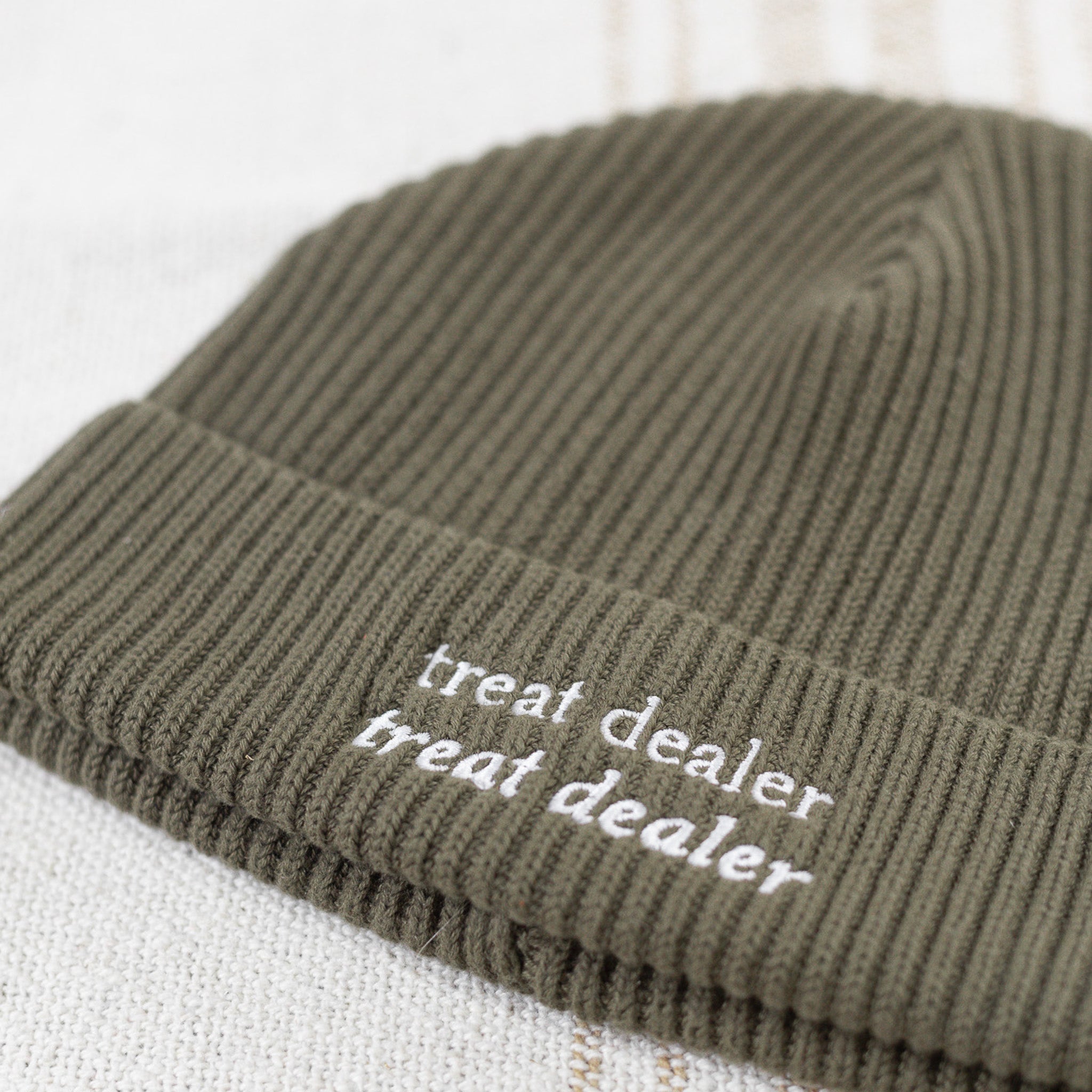 "treat dealer" beanie in olive green